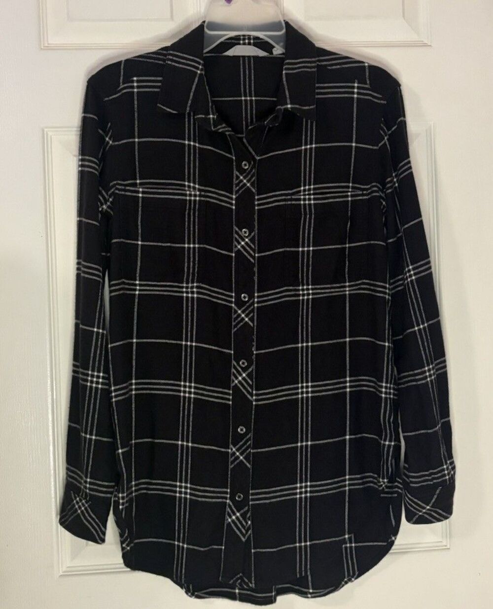 Athleta XS Lumberjill Plaid Flannel Shirt 153133 Button Long Sleeve Black White